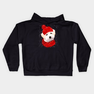 White Maltipoo Wearing Red Hat And Scarf Christmas Kids Hoodie